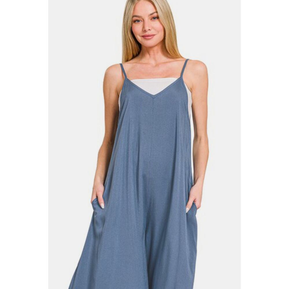 Zenana Spaghetti Strap Wide Leg Overalls with Pockets - QP7239Y - Size M - Picture 3 of 3